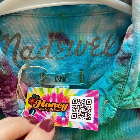 Madewell Tie Dye Crop Button Down Shirt Womens Size XS Top Handmade Blue Multi - Picture 10 of 13